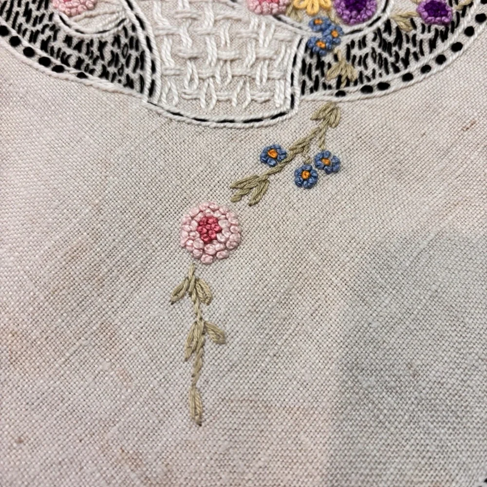 Vintage Linen Tablecloth Embroidered‎ Flower Basket Cutwork Hemstitch 34x36